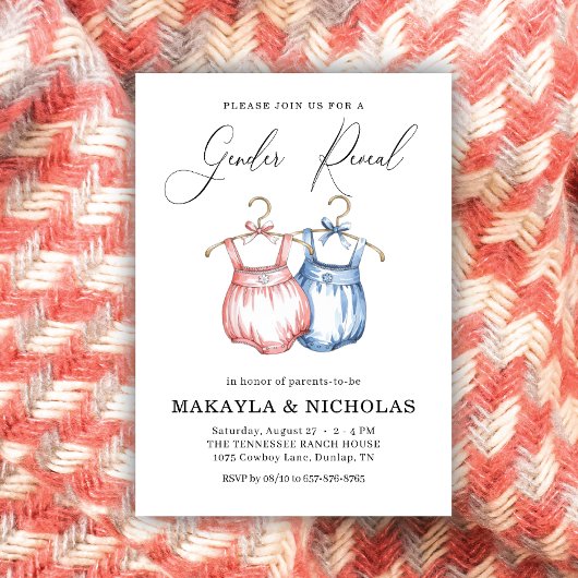 水彩ピンクブルー赤ちゃん服ジェンダーリビール 招待状