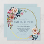 水彩ピンクブルー金ゴールドフローラブライダルシャワー 招待状 (正面/裏面)