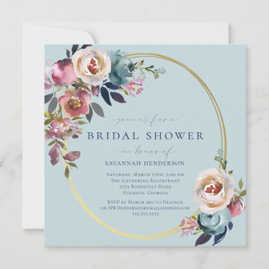 水彩ピンクブルー金ゴールドフローラブライダルシャワー 招待状 (正面)