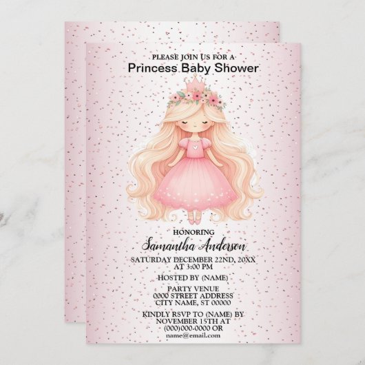 水彩ピンクプリンセスベビーシャワーパーティー 招待状 (正面/裏面)
