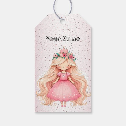 水彩ピンクプリンセス誕生日パーティーかわいい ギフトタグ (裏面)
