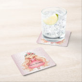 水彩ピンクプリンセス誕生日パーティーかわいい スクエアペーパーコースター (インサイチュ)