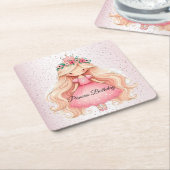 水彩ピンクプリンセス誕生日パーティーかわいい スクエアペーパーコースター (アングル)