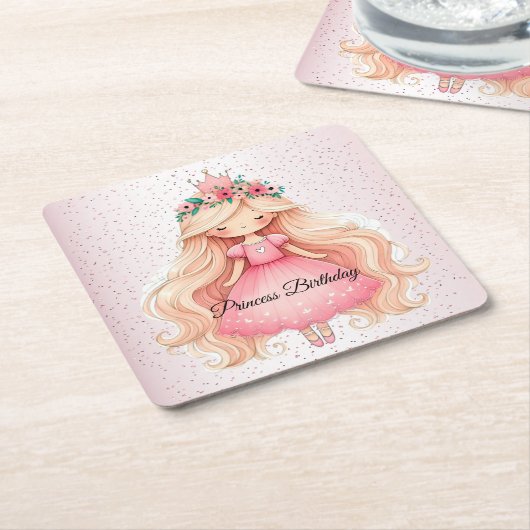 水彩ピンクプリンセス誕生日パーティーかわいい スクエアペーパーコースター (アングル)