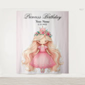 水彩ピンクプリンセス誕生日パーティーかわいい タペストリー (正面)