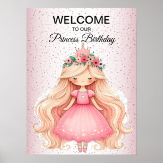 水彩ピンクプリンセス誕生日パーティーかわいい ポスター