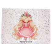 水彩ピンクプリンセス誕生日パーティーかわいい ラージペーパーバッグ (裏面)