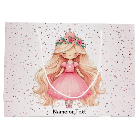 水彩ピンクプリンセス誕生日パーティーかわいい ラージペーパーバッグ (裏面)