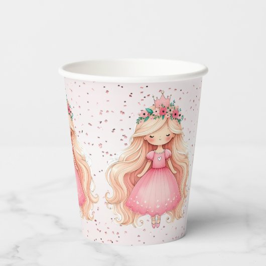 水彩ピンクプリンセス誕生日パーティーかわいい 紙コップ (裏面)