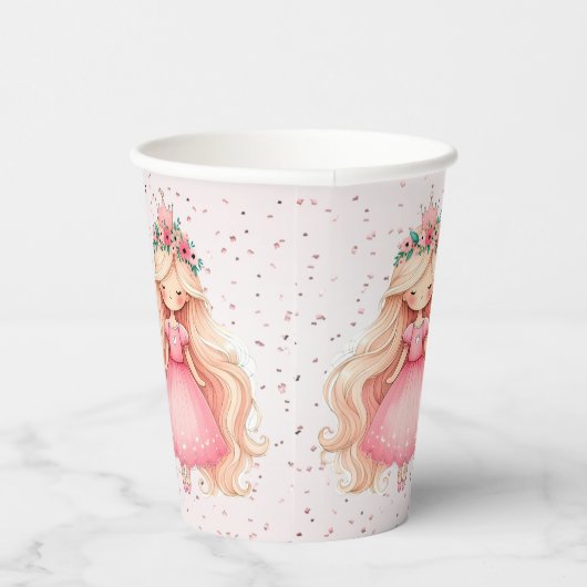 水彩ピンクプリンセス誕生日パーティーかわいい 紙コップ (右)