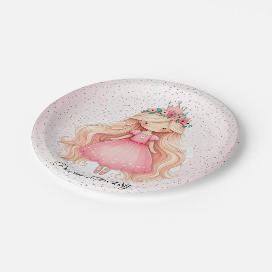 水彩ピンクプリンセス赤ちゃんシャワーパーティーかわいい ペーパープレート (アングル)