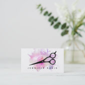 水彩ピンクヘアスタイリスト美容師（ばちゃばちゃ）跳ねる 名刺 (スタンド正面)