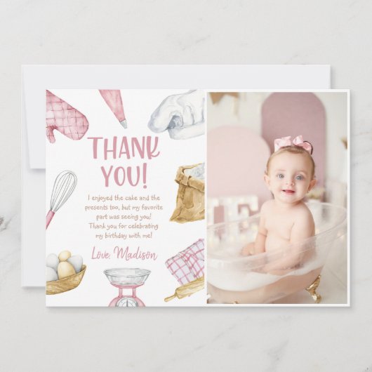 水彩ピンクベーキングガール誕生日写真 サンキューカード (正面)