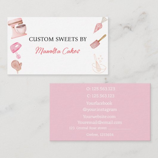 水彩ピンクベーキング料理器ベーカリー最小 名刺 (正面/裏面)
