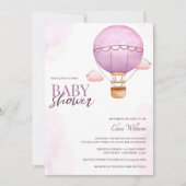 水彩ピンクホットエアバルーンガールベビーシャワー 招待状 (正面)