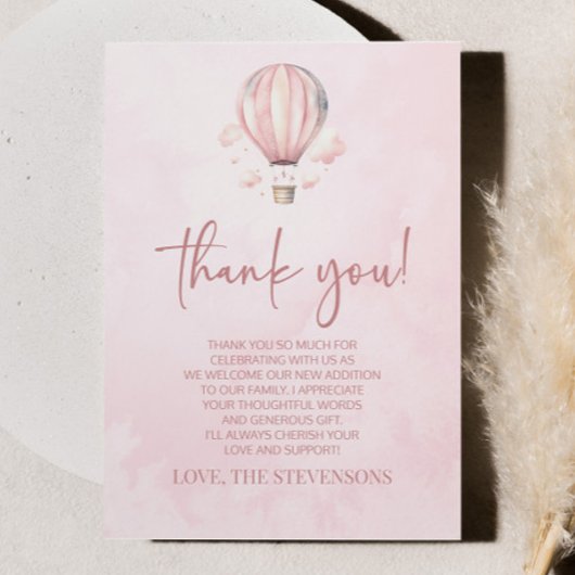 水彩ピンクホットエアバルーン赤ちゃんシャワー サンキューカード