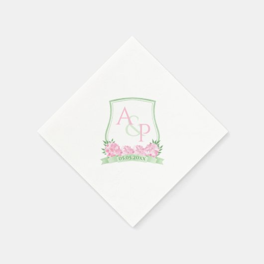 水彩ピンクホワイトグリーンフローラカップルクレスト スタンダードカクテルナプキン (角)