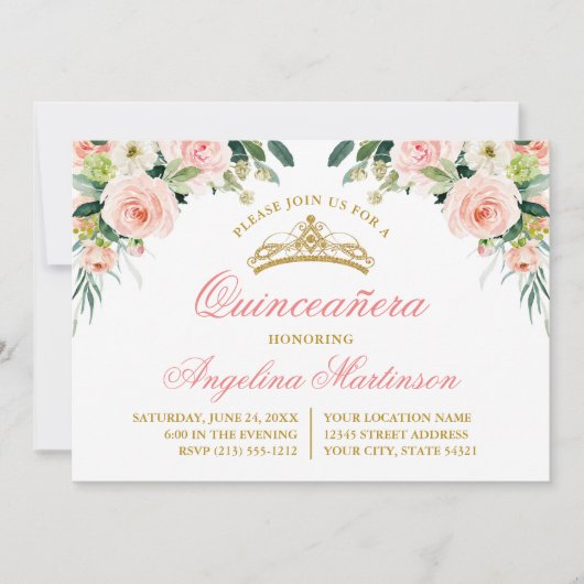 水彩ピンクホワイトフローラキンセアニェラパーティー 招待状 (正面)