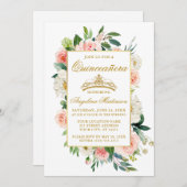水彩ピンクホワイトフローラキンセアニェラ金ゴールド 招待状 (正面/裏面)