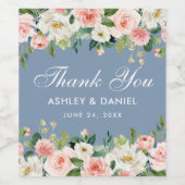 水彩ピンクホワイトフローラダスティブルー結婚ズ ワインラベル (シングルラベル)