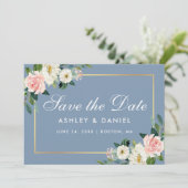 水彩ピンクホワイトフローラダスティブルー セーブザデート (スタンド正面)