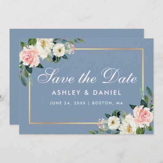 水彩ピンクホワイトフローラダスティブルー セーブザデート (正面/裏面)