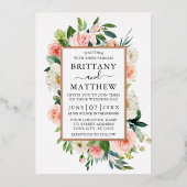 水彩ピンクホワイトフローラフォトバラ金ゴールド 箔招待状 (正面)