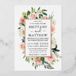 水彩ピンクホワイトフローラフォトバラ金ゴールド 箔招待状