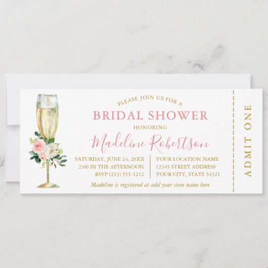 水彩ピンクホワイトフローラブライダルシャワーチケット 招待状 (正面)