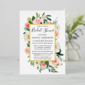 水彩ピンクホワイトフローラブライダルシャワー金ゴールド 箔招待状 (立ち正面)