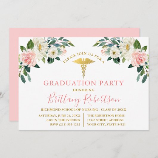 水彩ピンクホワイトフローラメディカルグラードパーティー 招待状 (正面/裏面)