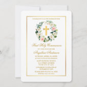 水彩ピンクホワイトフローラリース金ゴールド聖体 招待状 (正面)