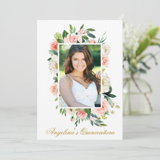 水彩ピンクホワイトフローラ写真キンセアニェラ 招待状 (スタンド正面)