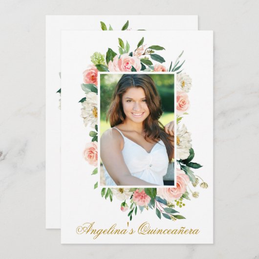 水彩ピンクホワイトフローラ写真キンセアニェラ 招待状 (正面/裏面)