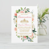 水彩ピンクホワイトフローラ金ゴールドキンセアニェラ 招待状 (スタンド正面)