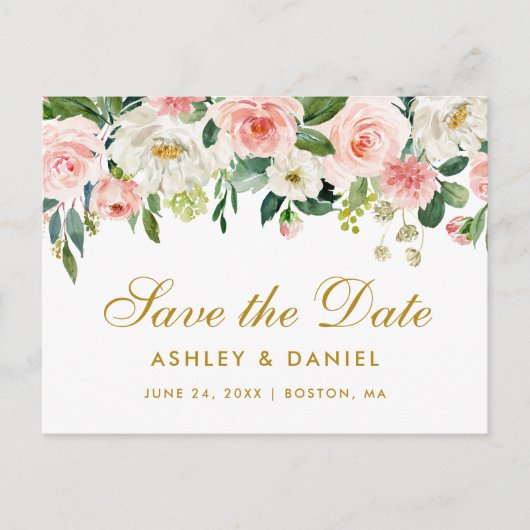 水彩ピンクホワイトフローラ金ゴールド保存日 案内ポストカード (正面)