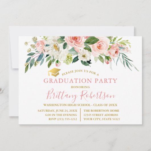 水彩ピンクホワイトフローラ金ゴールド卒業パーティー 招待状 (正面)
