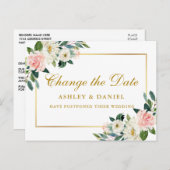 水彩ピンクホワイトフローラ金ゴールド日付の変更 ポストカード (正面/裏面)