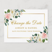 水彩ピンクホワイトフローラ金ゴールド日付の変更 ポストカード (正面)