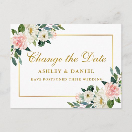 水彩ピンクホワイトフローラ金ゴールド日付の変更 ポストカード (正面)