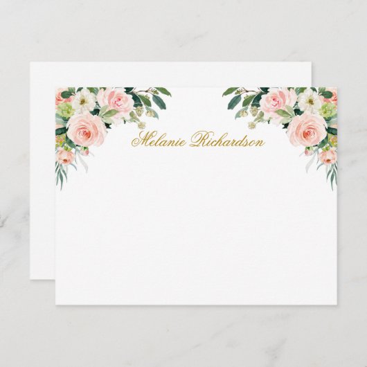 水彩ピンクホワイトフローラ金ゴールド パーソナライズされた ノートカード (正面/裏面)