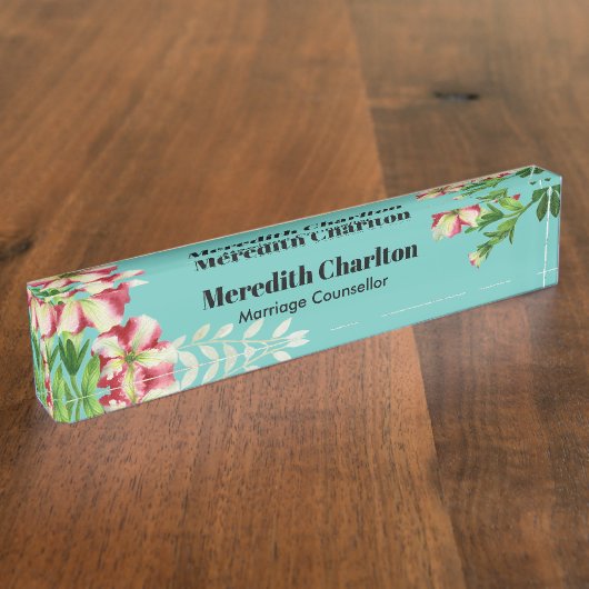 水彩ピンクホワイトペチュニアターコイズ背景 デスクネームプレート (側面)