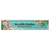 水彩ピンクホワイトペチュニアターコイズ背景 デスクネームプレート (正面)