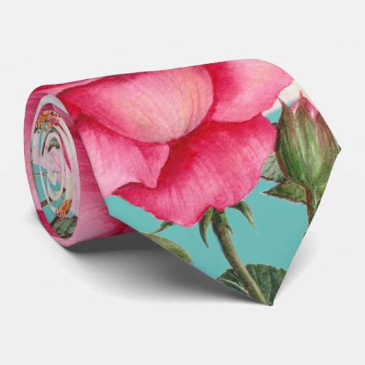 水彩ピンクホワイトローズコーナープレーンターコイズ ネクタイ (ロール)