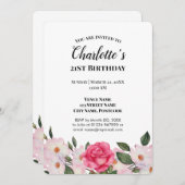 水彩ピンクホワイトローズバースデーパーティー 招待状 (正面/裏面)