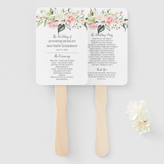 水彩ピンクホワイトローズユーカリプトゥスグリーン ハンドファン (正面&裏面)