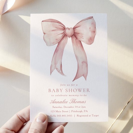 水彩ピンクボウガールベビーシャワー 招待状