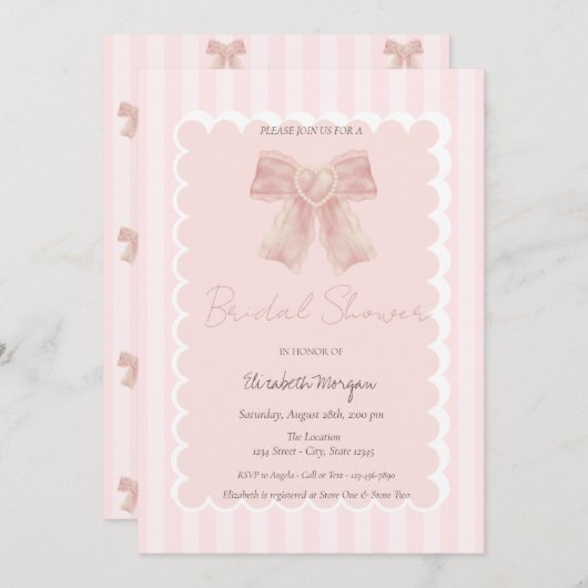 水彩ピンクボウストライプのブライダルシャワー 招待状 (正面/裏面)