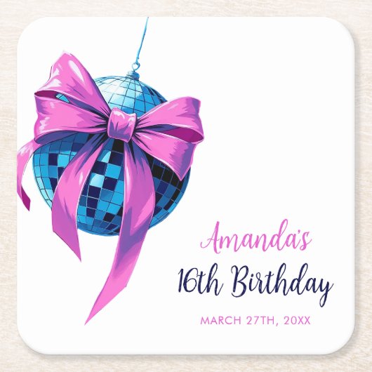 水彩ピンクボウディスコボールスウィート16誕生日 スクエアペーパーコースター (正面)