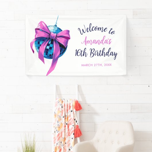 水彩ピンクボウディスコボールスウィート16誕生日 横断幕 (インサイチュ)